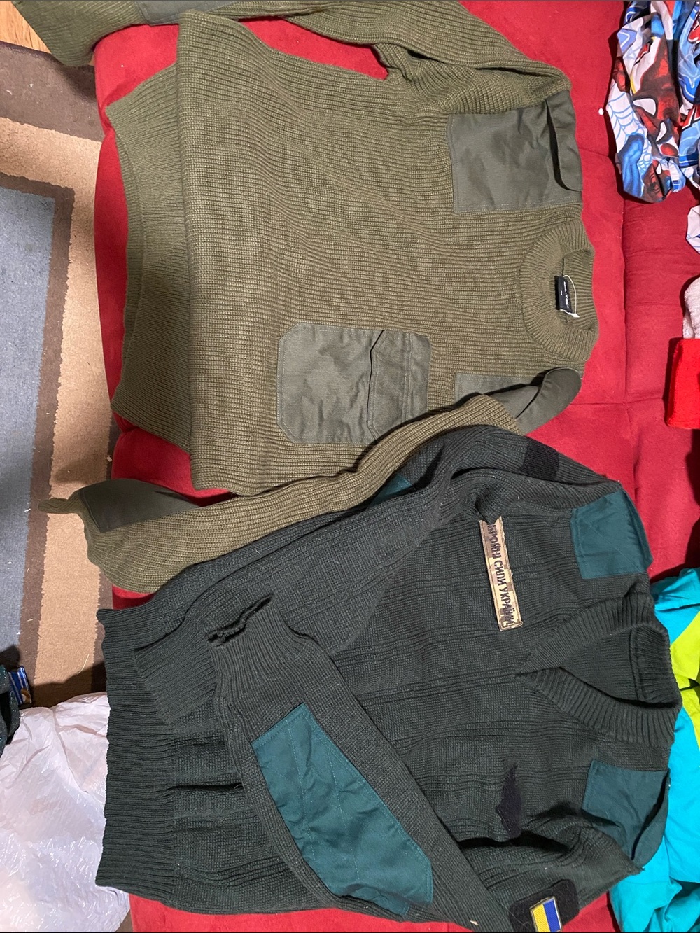2 Military-Style Green Knit Field Sweaters.